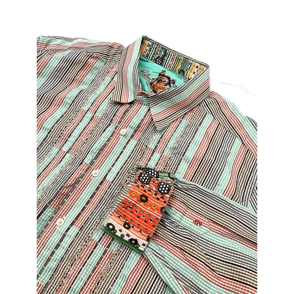 ROBERT GRAHAM Flip Cuff Shirt Men's XL Button Up Striped Embroidered Colorful